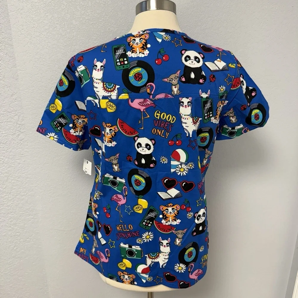 NWT Cherokee Happy Vibes Scrub Top M Panda Llama On Royal Blue Scrubs Nurse RN - Picture 2 of 8